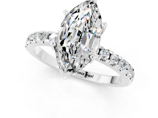 White gold Marquise Cut Moissanite Solitaire Ring with Round  Pavé Band and Four-Prong Setting
