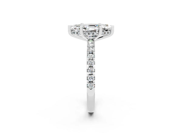 Platinum Marquise Cut Moissanite Solitaire Ring with Round  Pavé Band and Four-Prong Setting