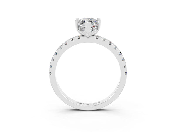 Platinum Marquise Cut Moissanite Solitaire Ring with Round  Pavé Band and Four-Prong Setting