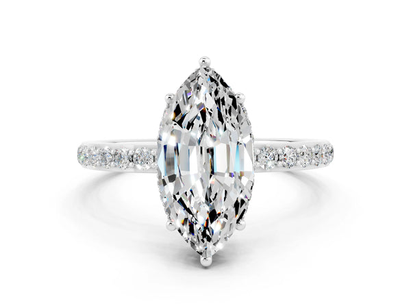 Platinum Marquise Cut Moissanite Solitaire Ring with Pavé Band and Hidden Halo