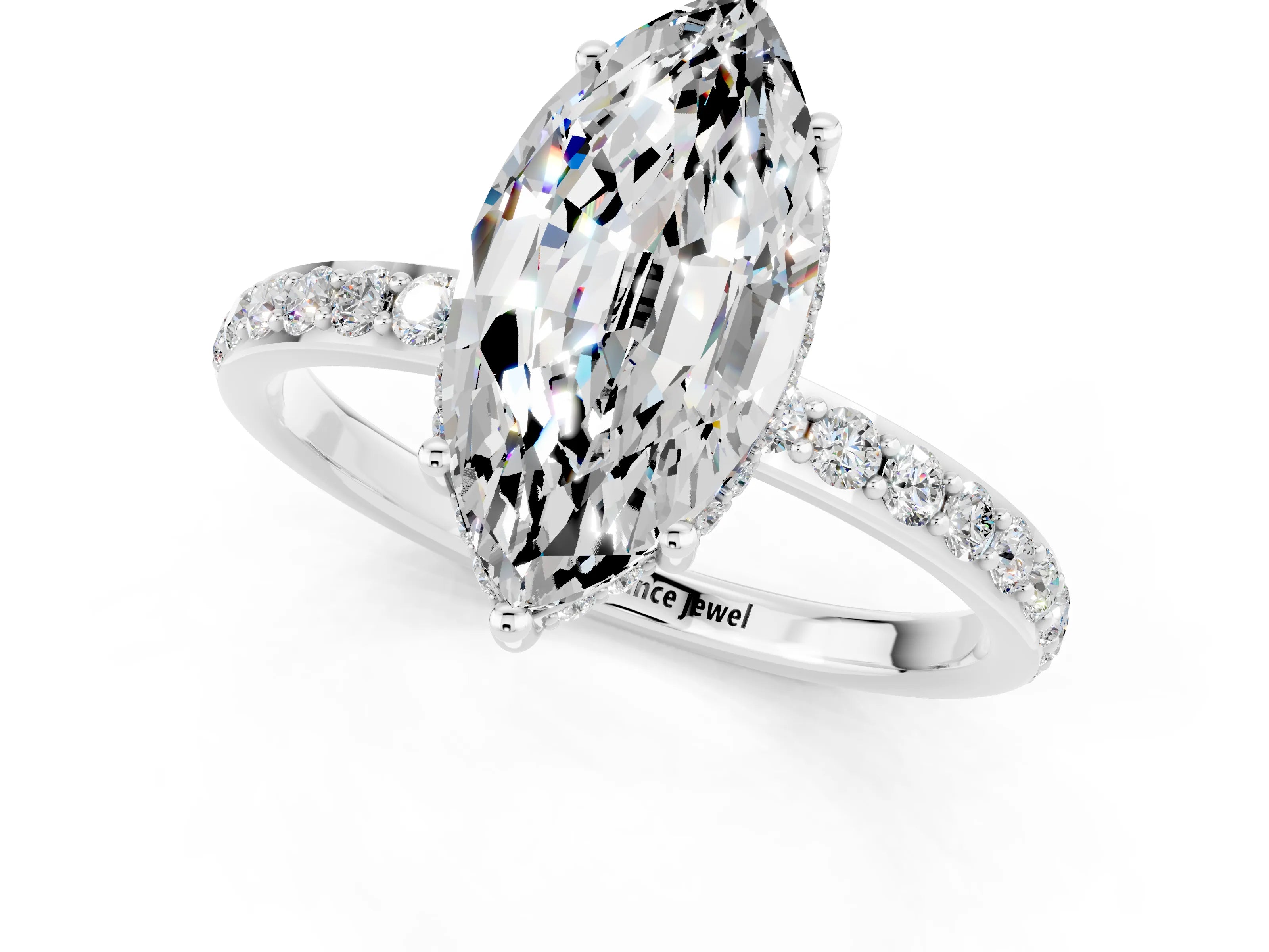 White gold Marquise Cut Moissanite Solitaire Ring with Pavé Band and Hidden Halo_1