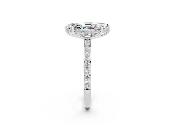 Platinum Marquise Cut Moissanite Solitaire Ring with Pavé Band and Hidden Halo