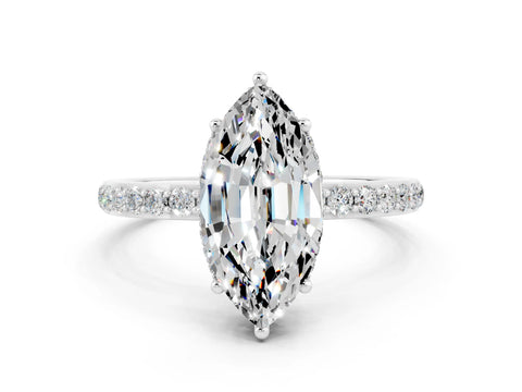 White gold Marquise Cut Moissanite Solitaire Ring with Pavé Band and Hidden Halo_24