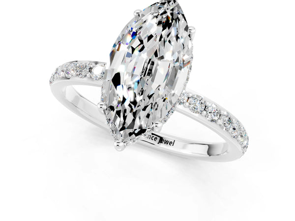 White gold Marquise Cut Moissanite Solitaire Ring with Pavé Band and Hidden Halo