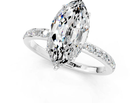 White gold Marquise Cut Moissanite Solitaire Ring with Pavé Band and Hidden Halo_25