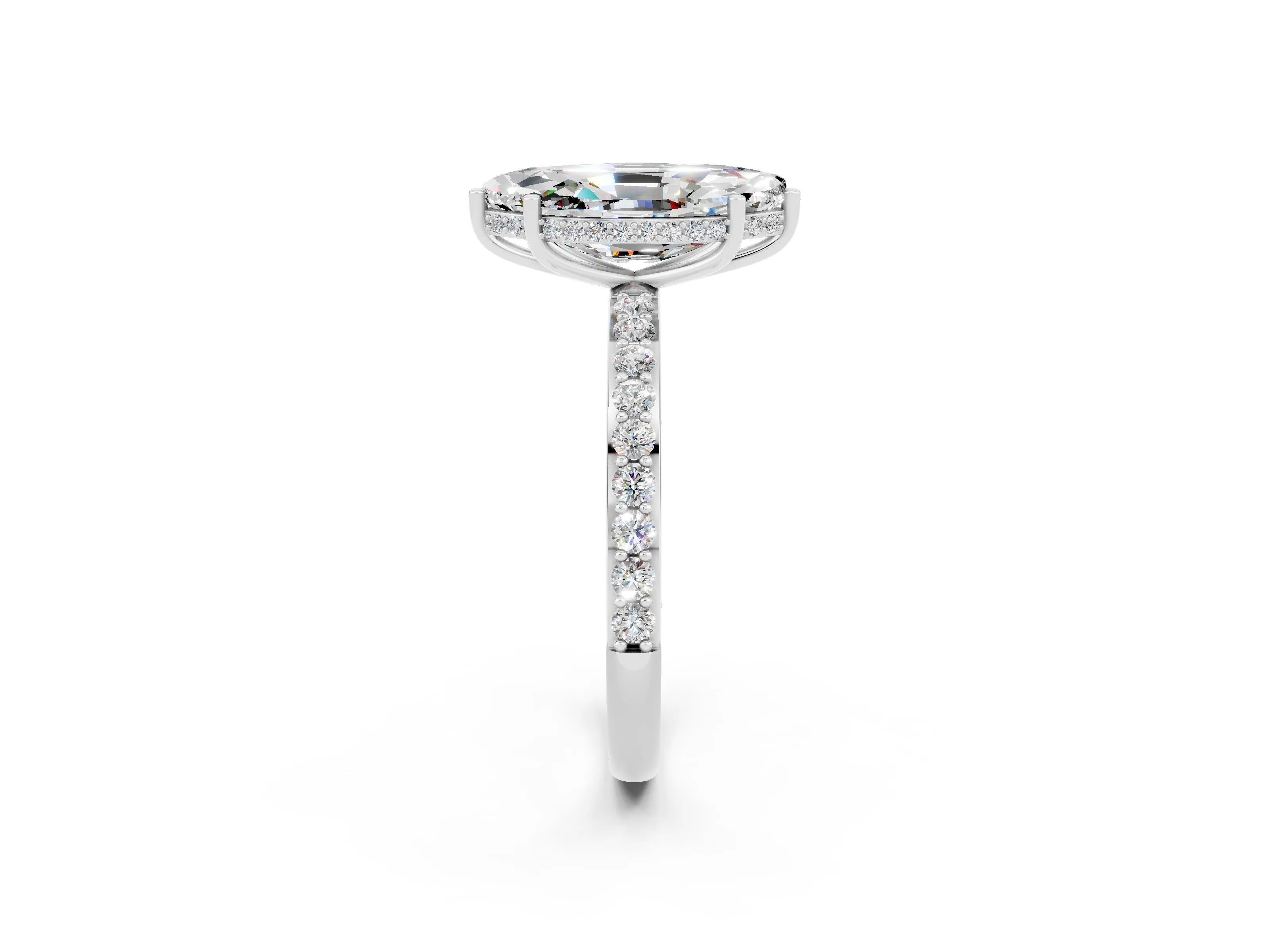 White gold Marquise Cut Moissanite Solitaire Ring with Pavé Band and Hidden Halo_26