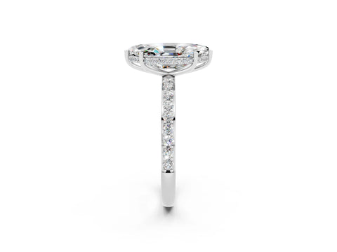 White gold Marquise Cut Moissanite Solitaire Ring with Pavé Band and Hidden Halo_2