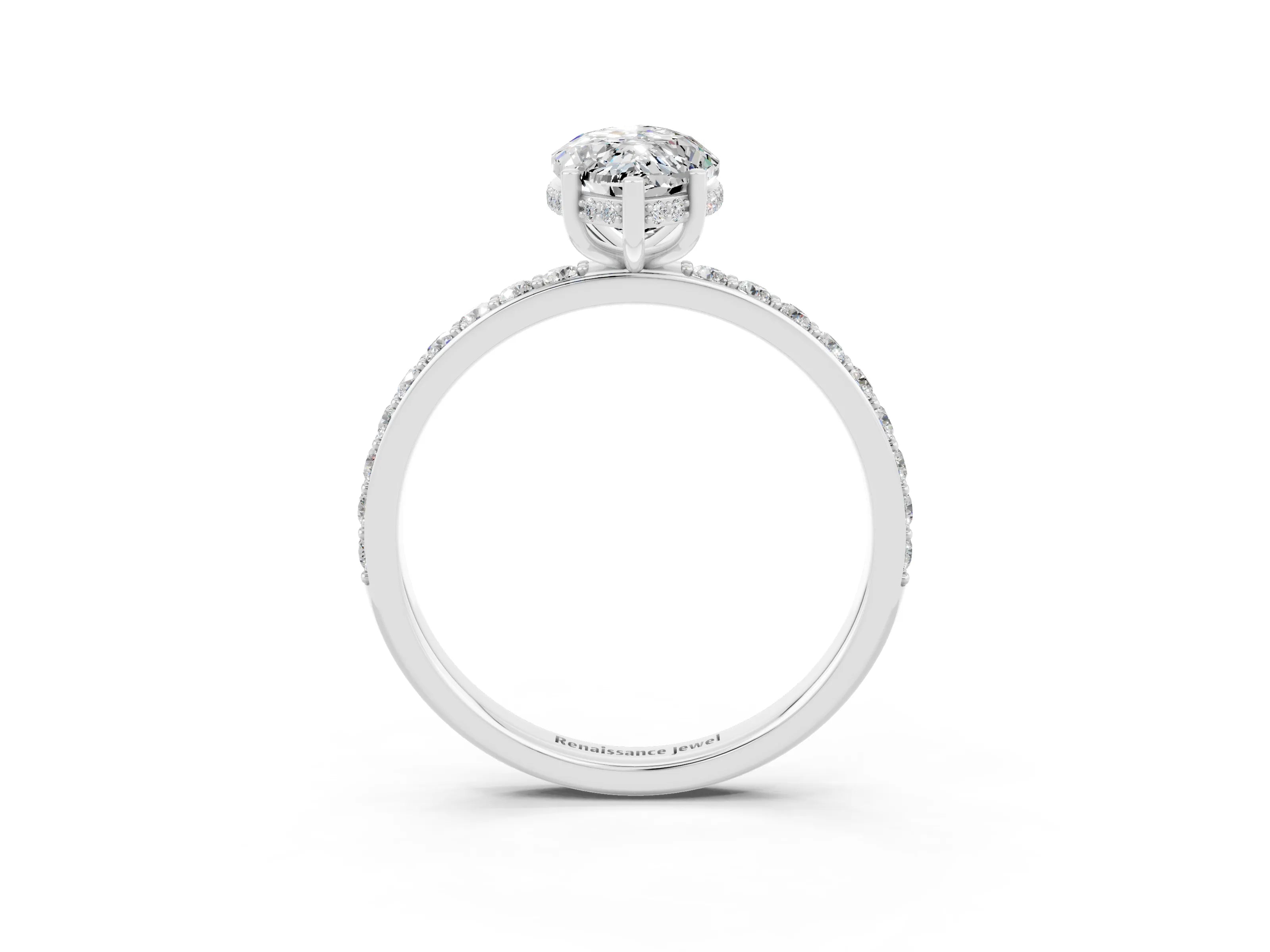 White gold Marquise Cut Moissanite Solitaire Ring with Pavé Band and Hidden Halo_3