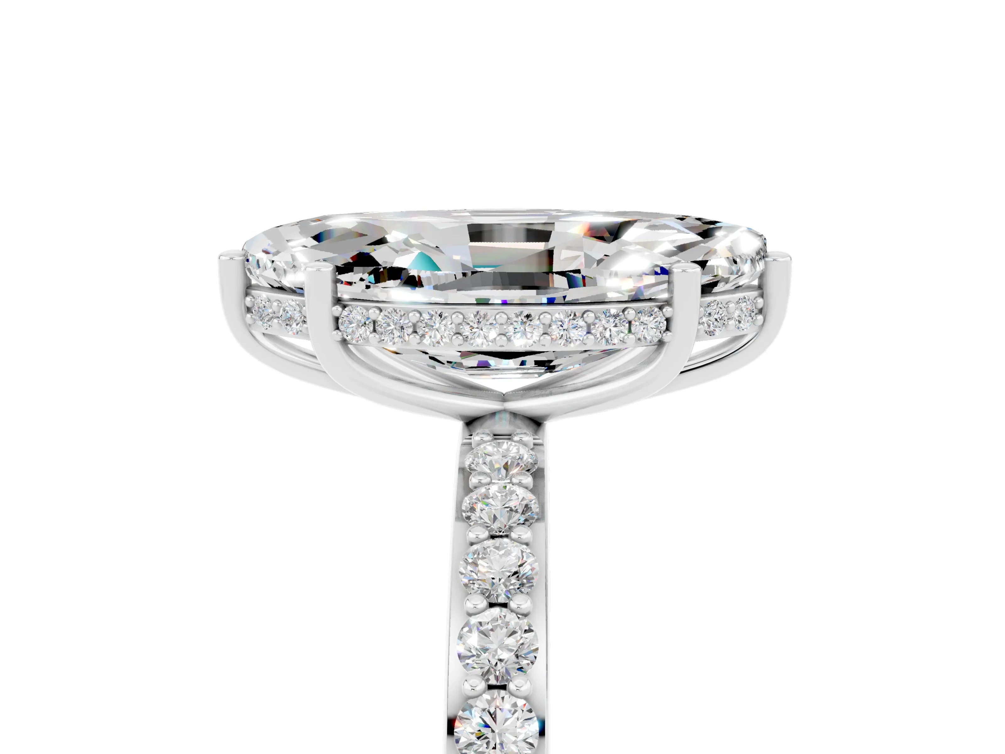 White gold Marquise Cut Moissanite Solitaire Ring with Pavé Band and Hidden Halo_5