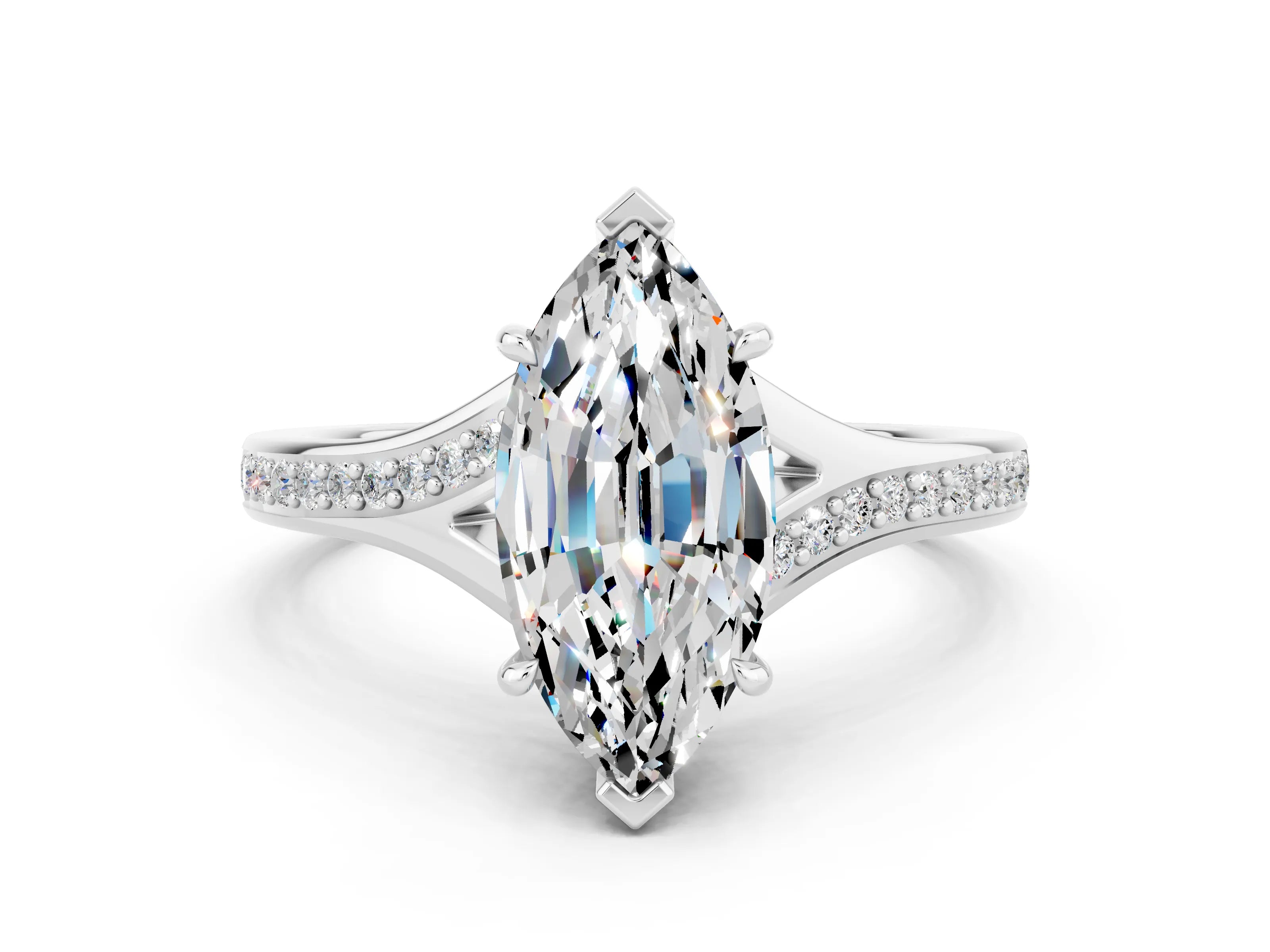 White gold Marquise Cut Moissanite Solitaire Ring with Pavé Band and Prong Setting