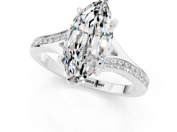 Platinum Marquise Cut Moissanite Solitaire Ring with Pavé Band and Prong Setting