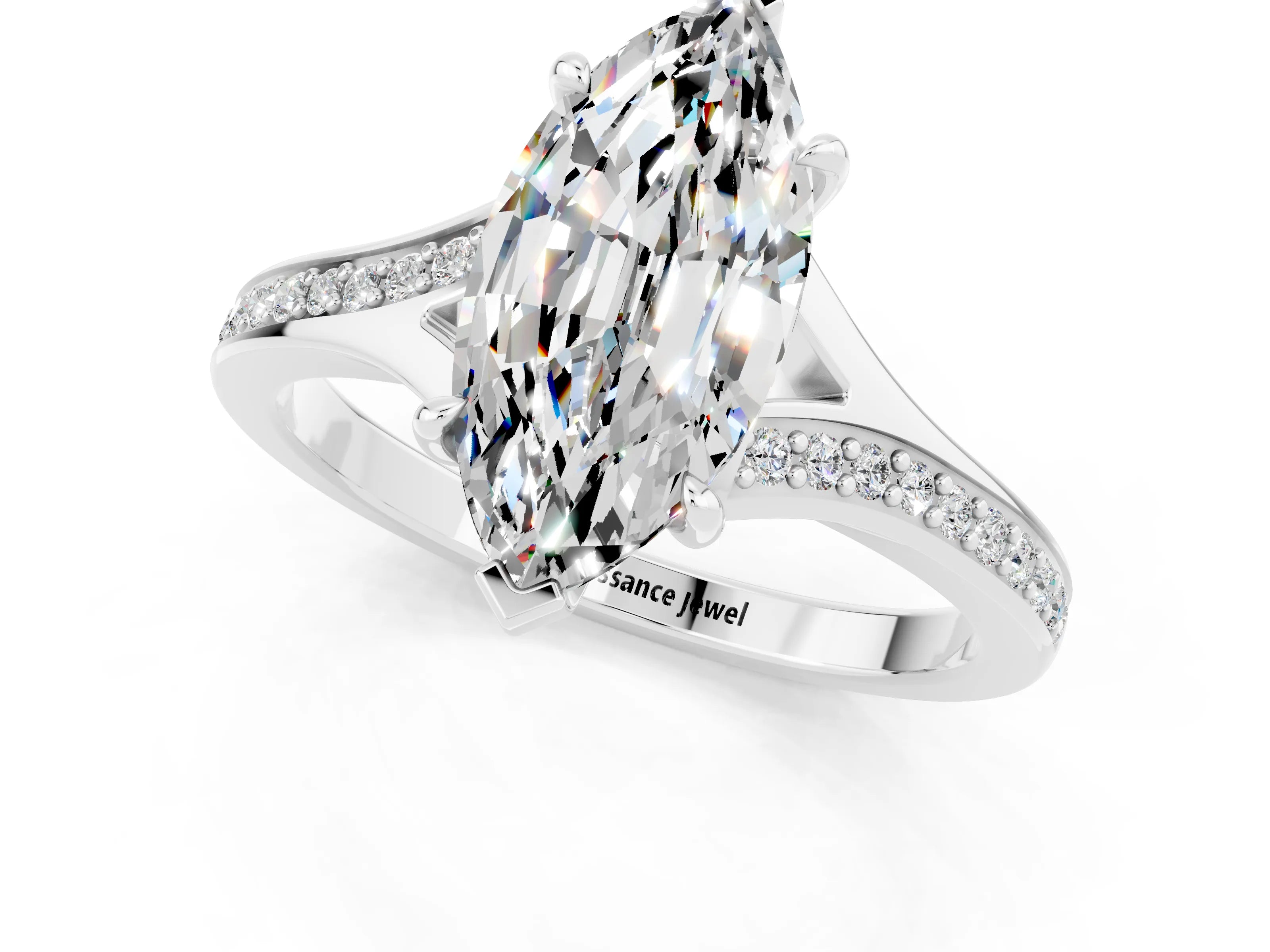 White gold Marquise Cut Moissanite Solitaire Ring with Pavé Band and Prong Setting_1