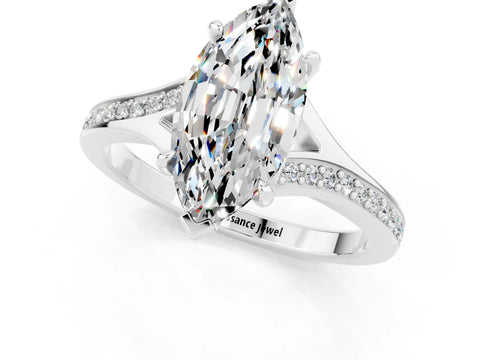 White gold Marquise Cut Moissanite Solitaire Ring with Pavé Band and Prong Setting_1