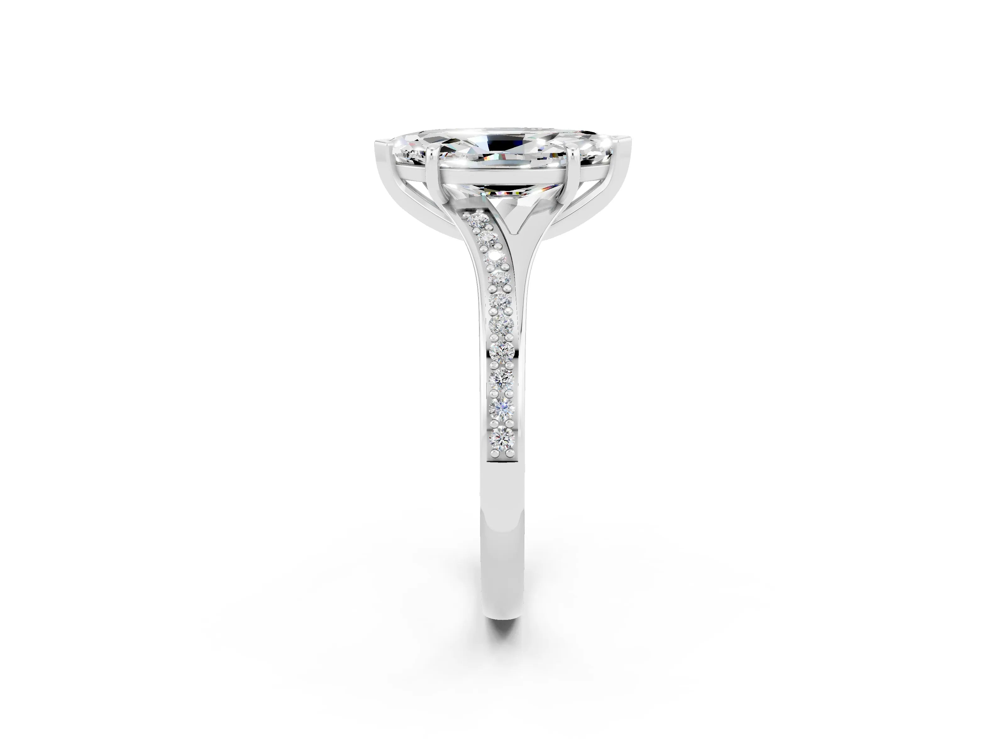 White gold Marquise Cut Moissanite Solitaire Ring with Pavé Band and Prong Setting_2