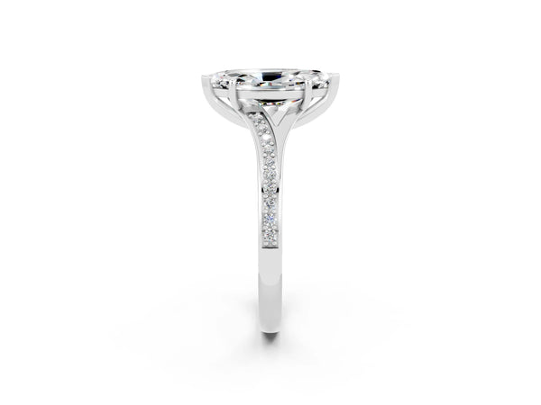 Platinum Marquise Cut Moissanite Solitaire Ring with Pavé Band and Prong Setting