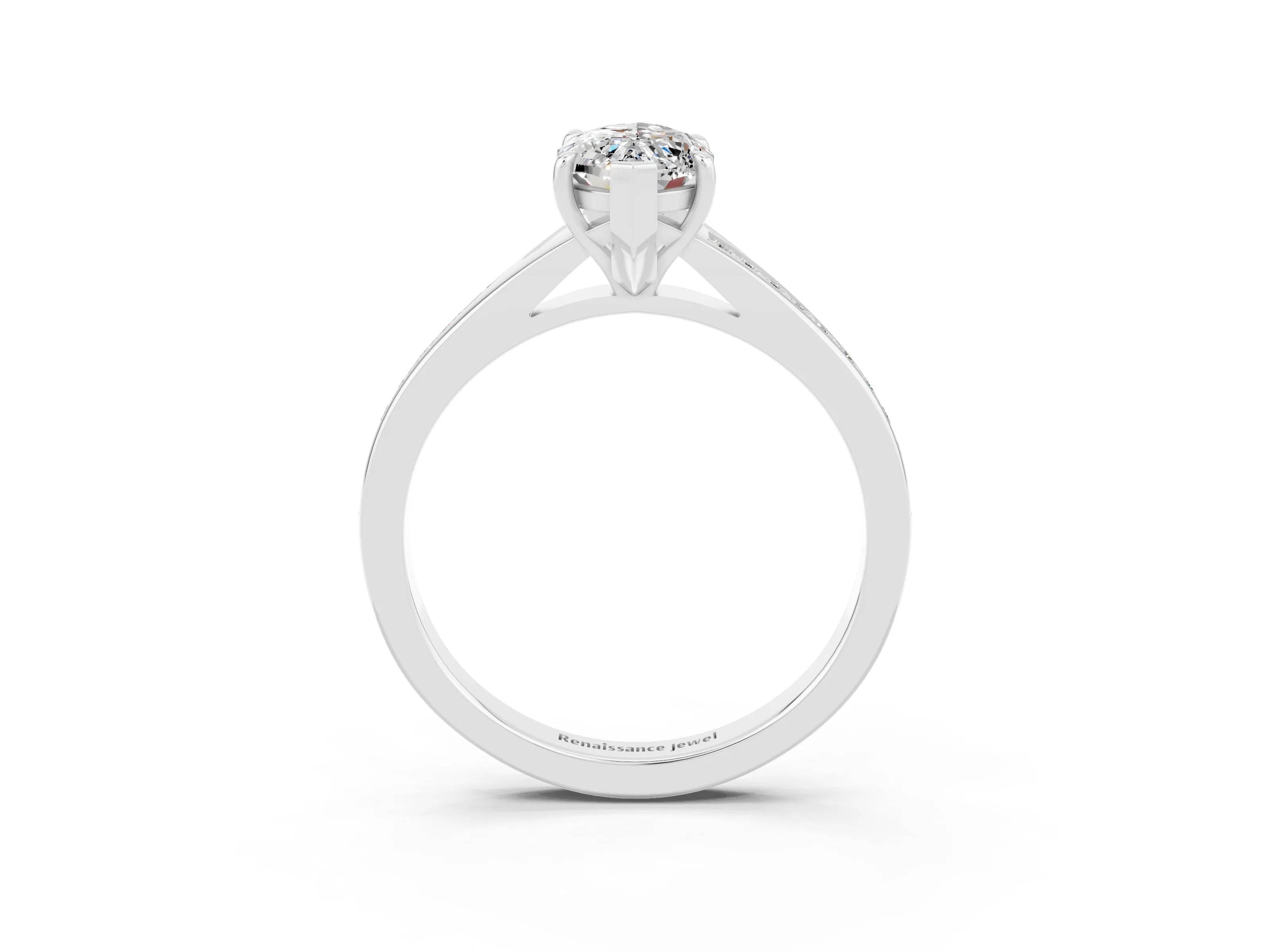 White gold Marquise Cut Moissanite Solitaire Ring with Pavé Band and Prong Setting_3