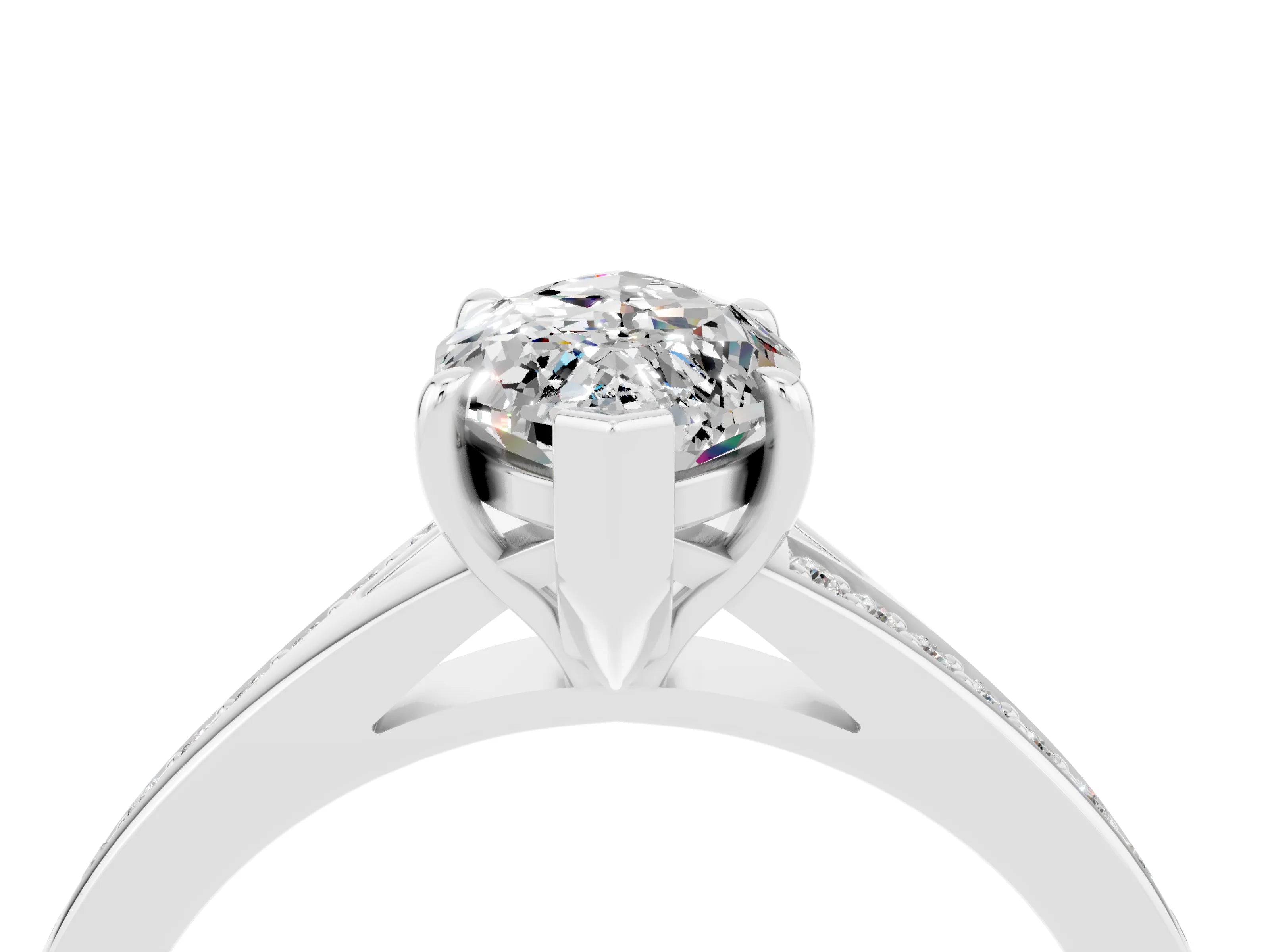 White gold Marquise Cut Moissanite Solitaire Ring with Pavé Band and Prong Setting_4