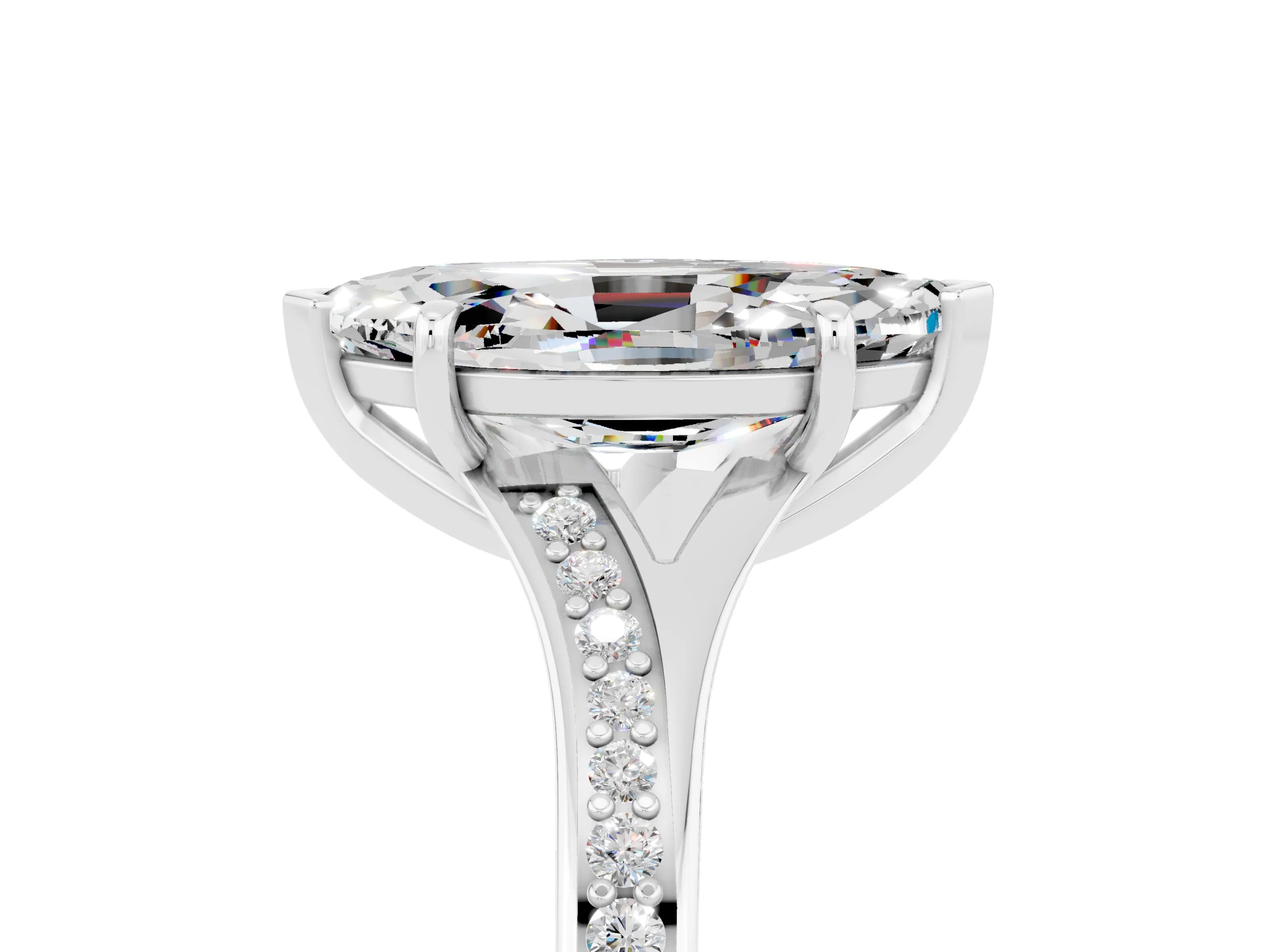 White gold Marquise Cut Moissanite Solitaire Ring with Pavé Band and Prong Setting_5