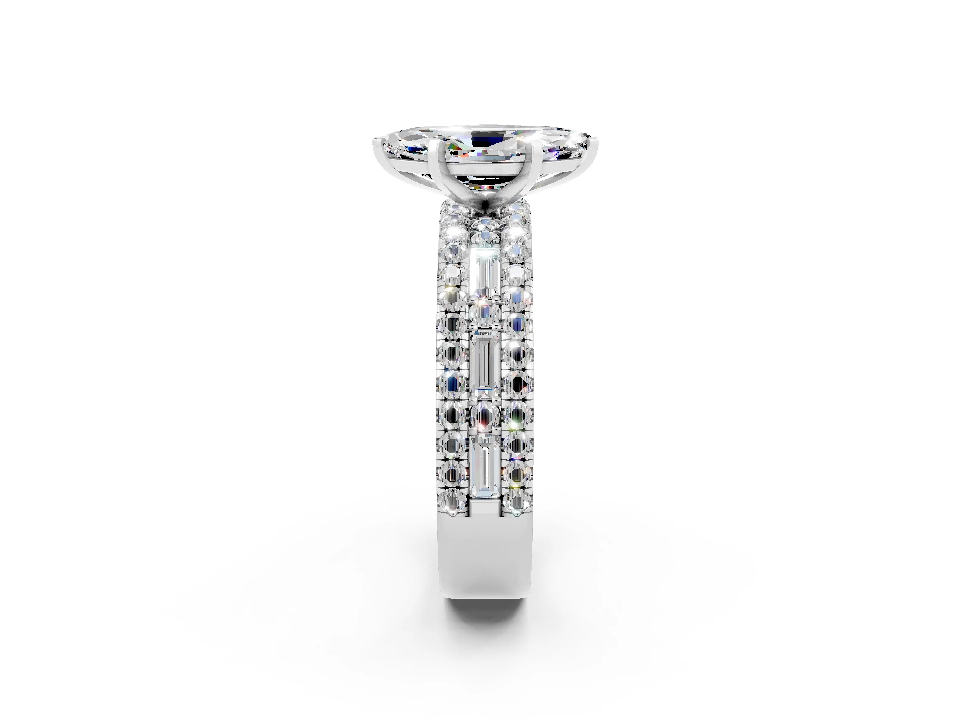 White gold Marquise Cut Moissanite Solitaire Ring with Pavé and Channel Set Band_2