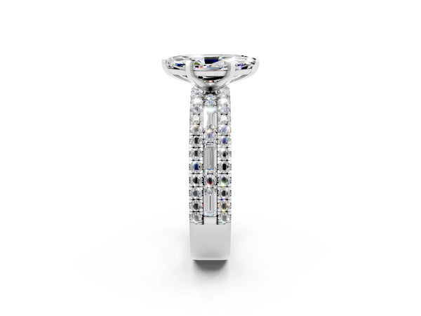 Silver Marquise Cut Moissanite Solitaire Ring with Pavé and Channel Set Band