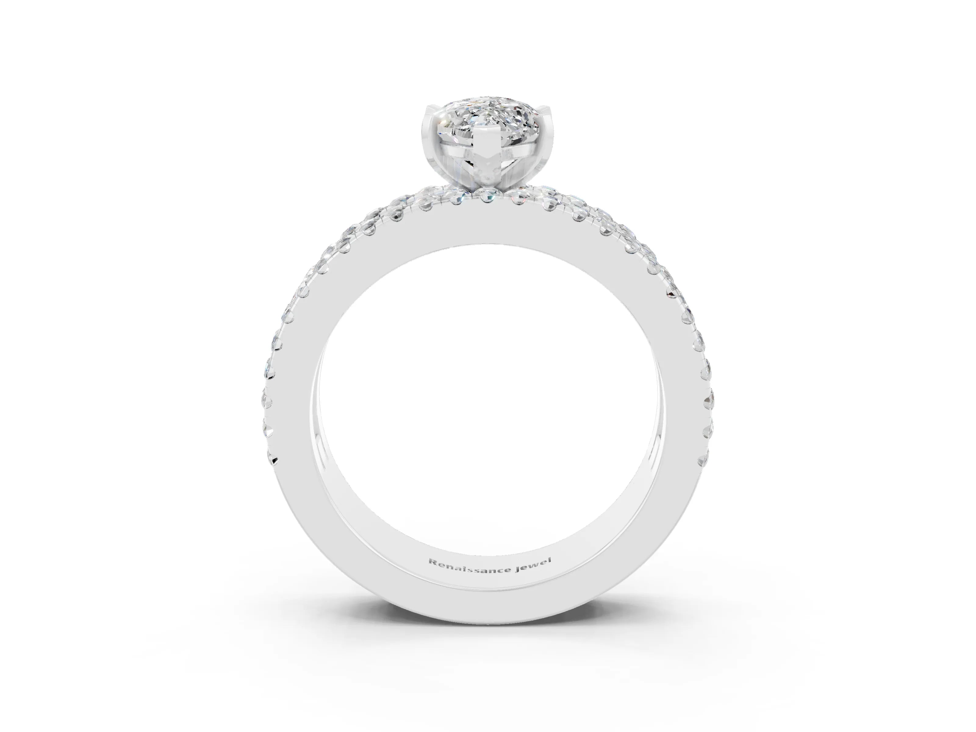 White gold Marquise Cut Moissanite Solitaire Ring with Pavé and Channel Set Band_3