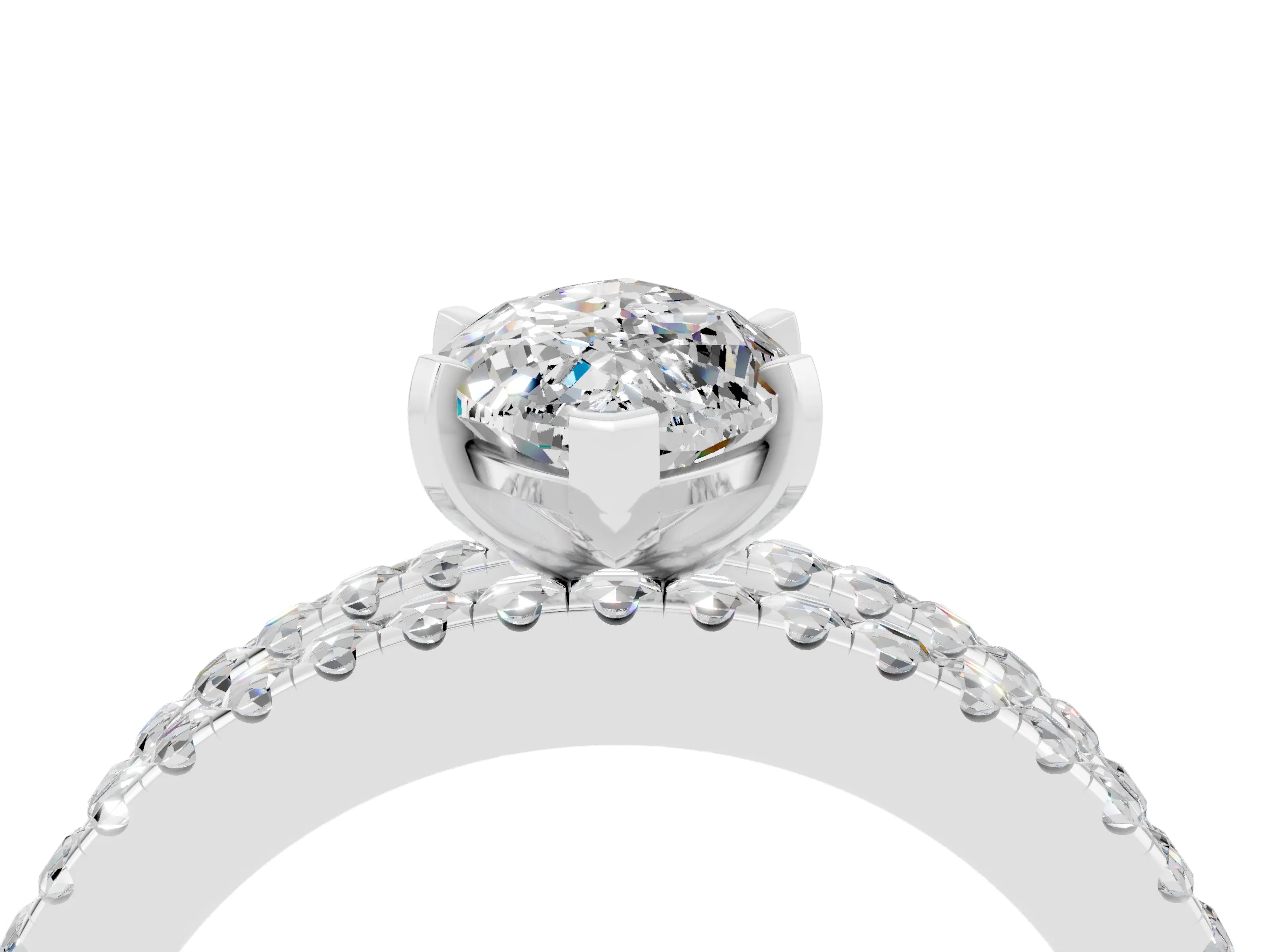White gold Marquise Cut Moissanite Solitaire Ring with Pavé and Channel Set Band_4