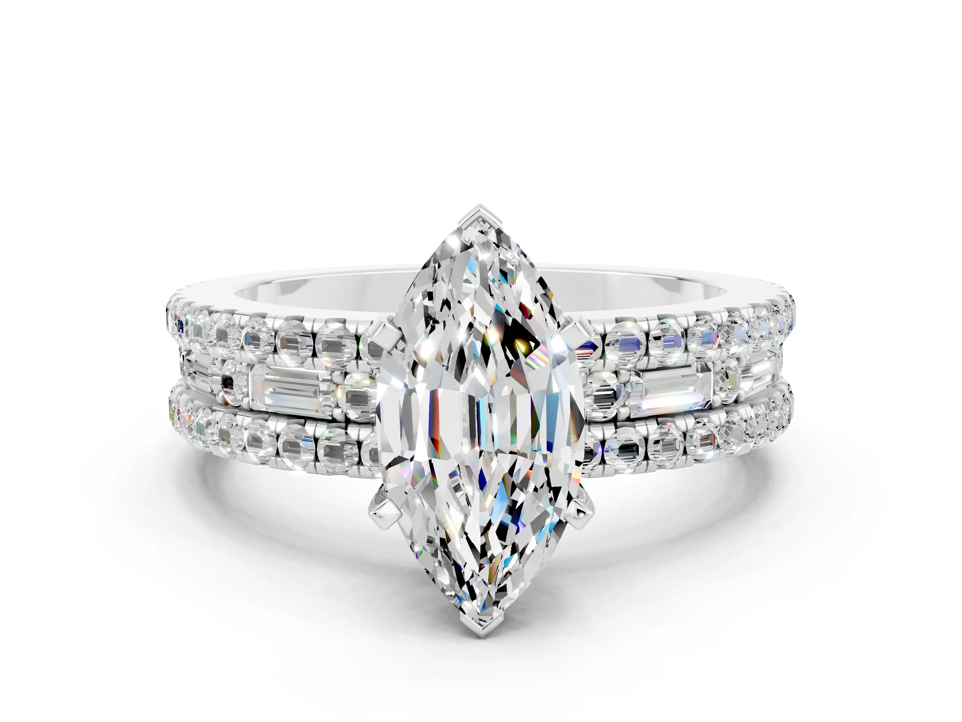 White gold Marquise Cut Moissanite Solitaire Ring with Pavé and Channel Set Band