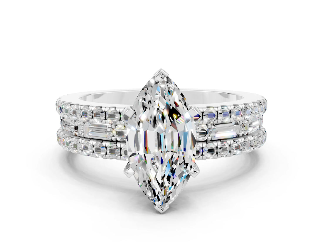 White gold Marquise Cut Moissanite Solitaire Ring with Pavé and Channel Set Band