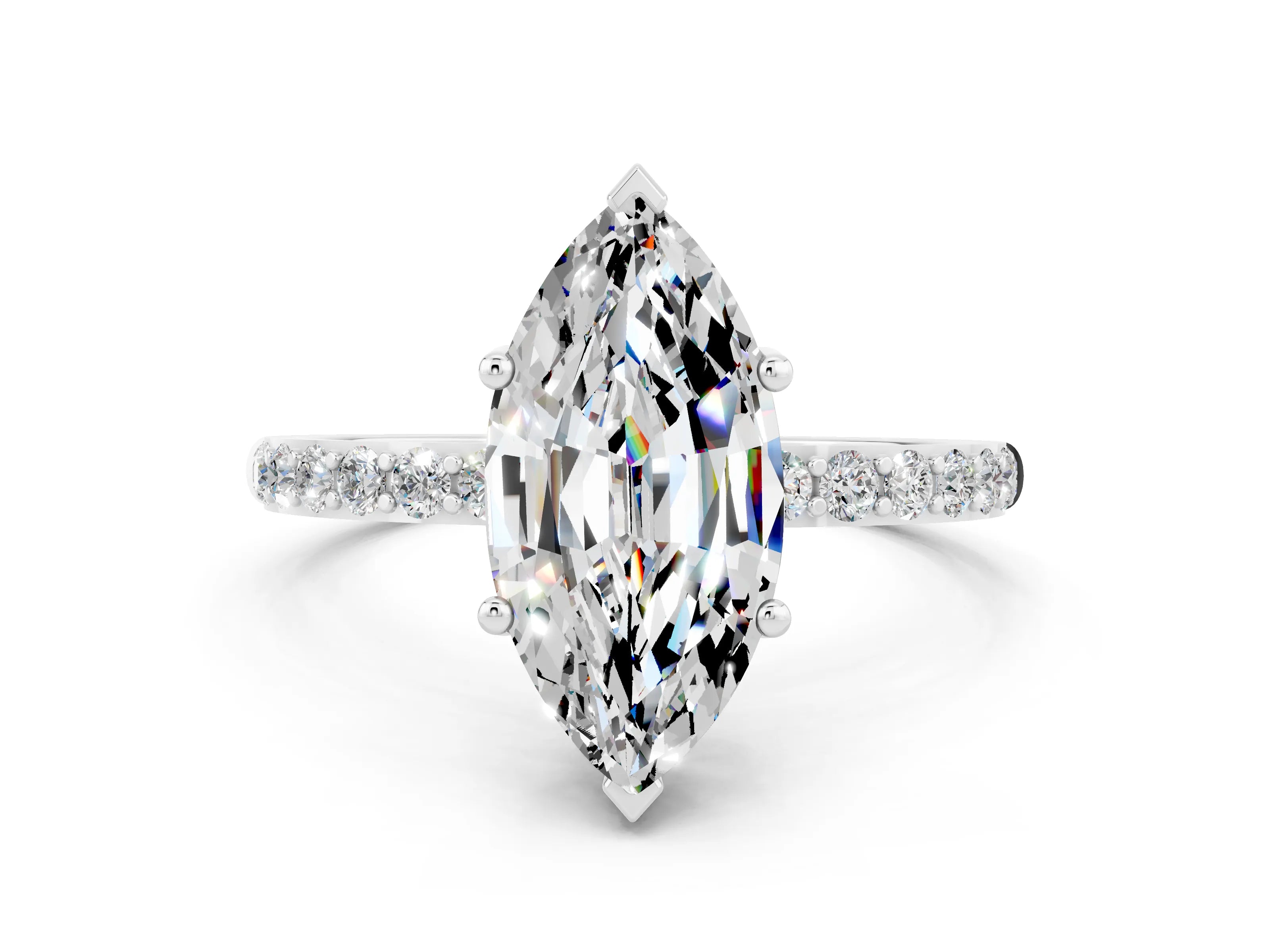 White gold Marquise Cut Moissanite Solitaire Ring with Pave Band and Four Prong Setting_12