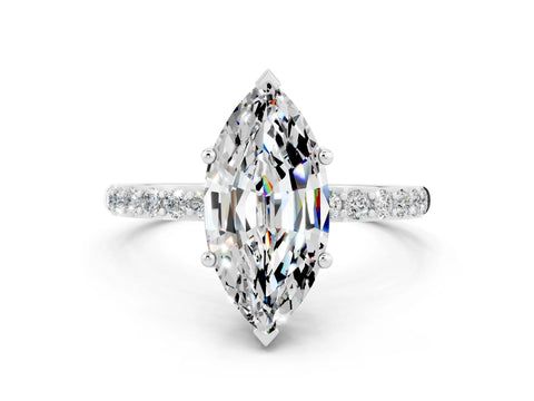 White gold Marquise Cut Moissanite Solitaire Ring with Pave Band and Four Prong Setting_12