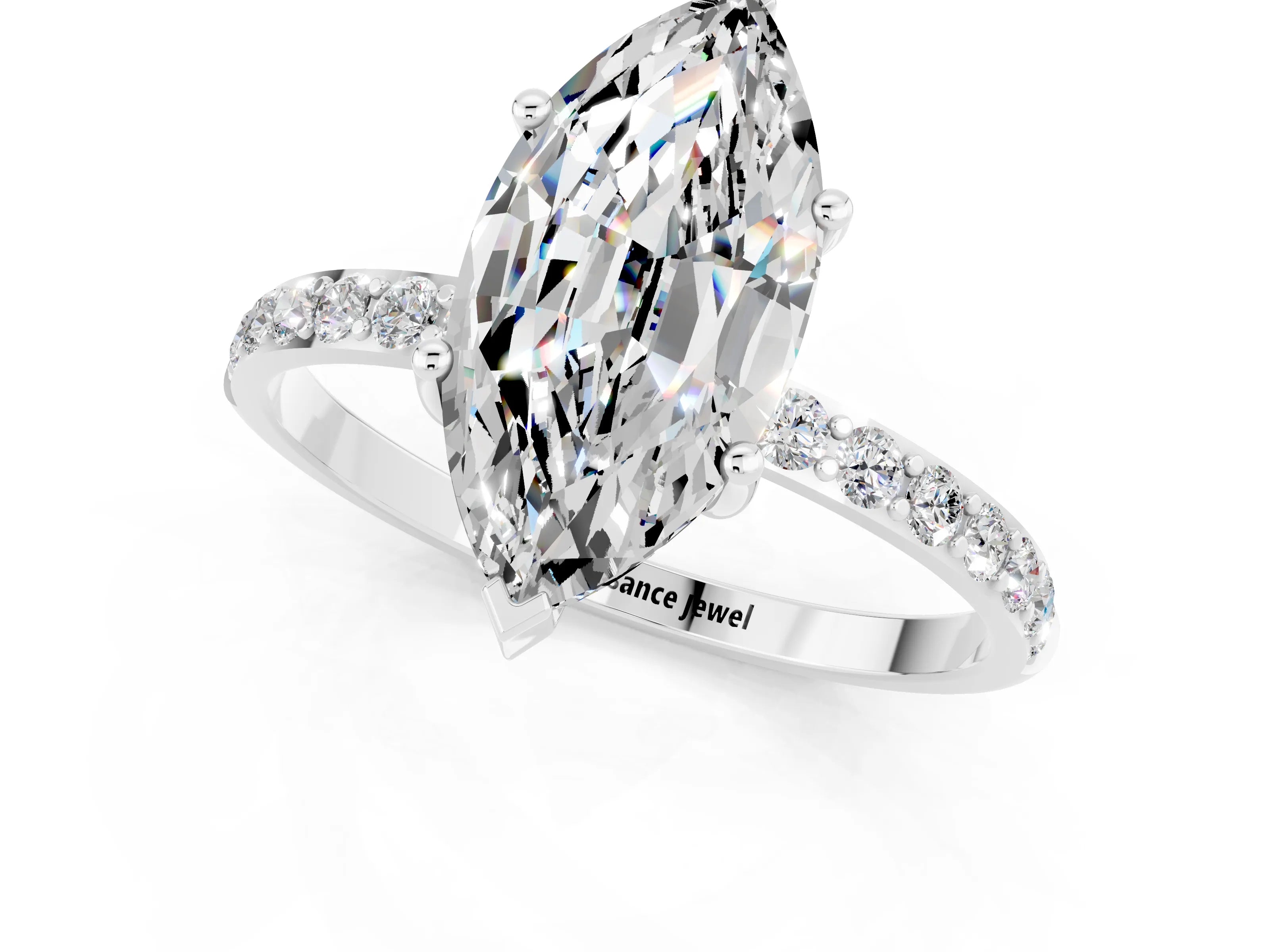 White gold Marquise Cut Moissanite Solitaire Ring with Pave Band and Four Prong Setting_13