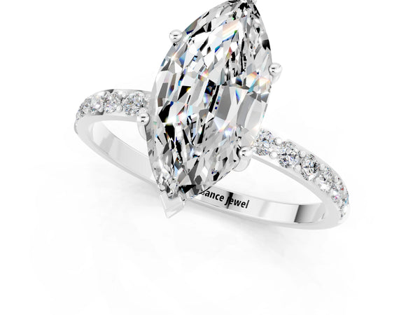 Platinum Marquise Cut Moissanite Solitaire Ring with Round  Pavé Band and Prong Setting