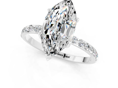White gold Marquise Cut Moissanite Solitaire Ring with Pave Band and Four Prong Setting_13