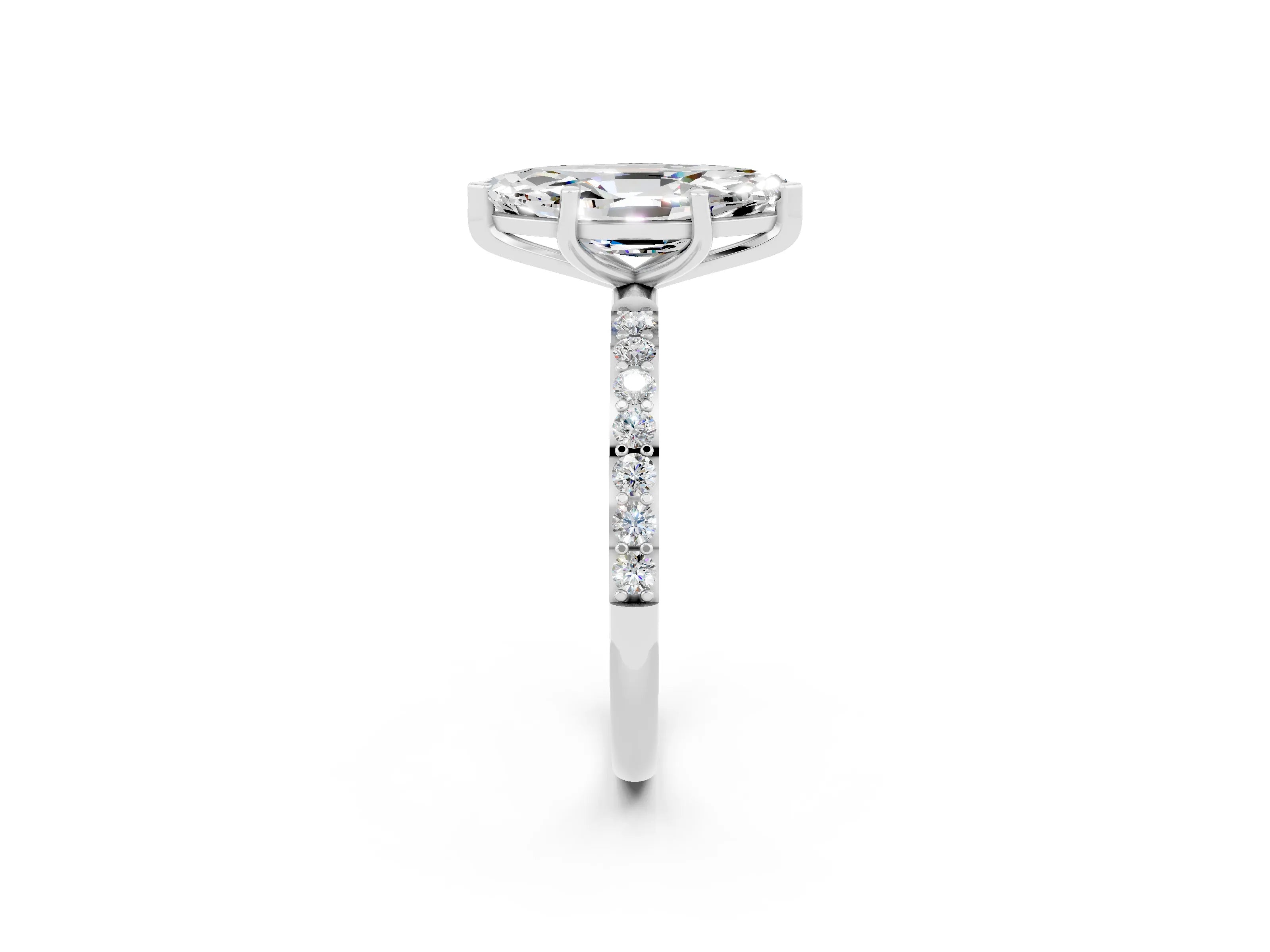 White gold Marquise Cut Moissanite Solitaire Ring with Pave Band and Four Prong Setting_14