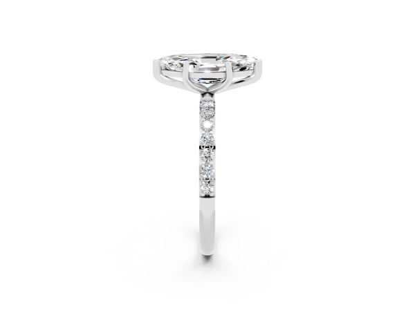 Platinum Marquise Cut Moissanite Solitaire Ring with Round  Pavé Band and Prong Setting