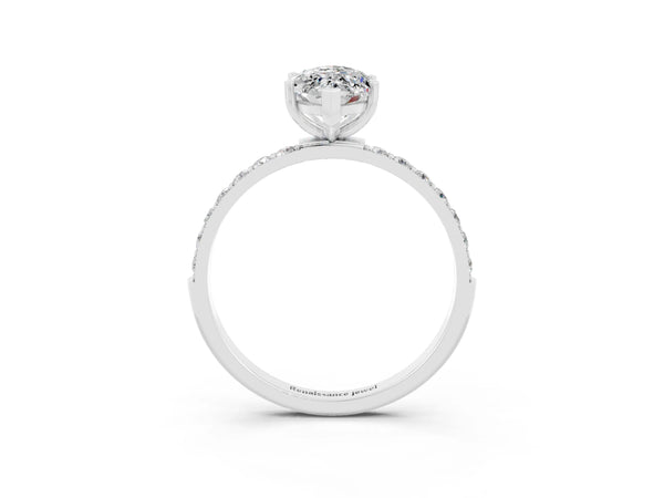 Silver Marquise Cut Moissanite Solitaire Ring with Round  Pavé Band and Prong Setting