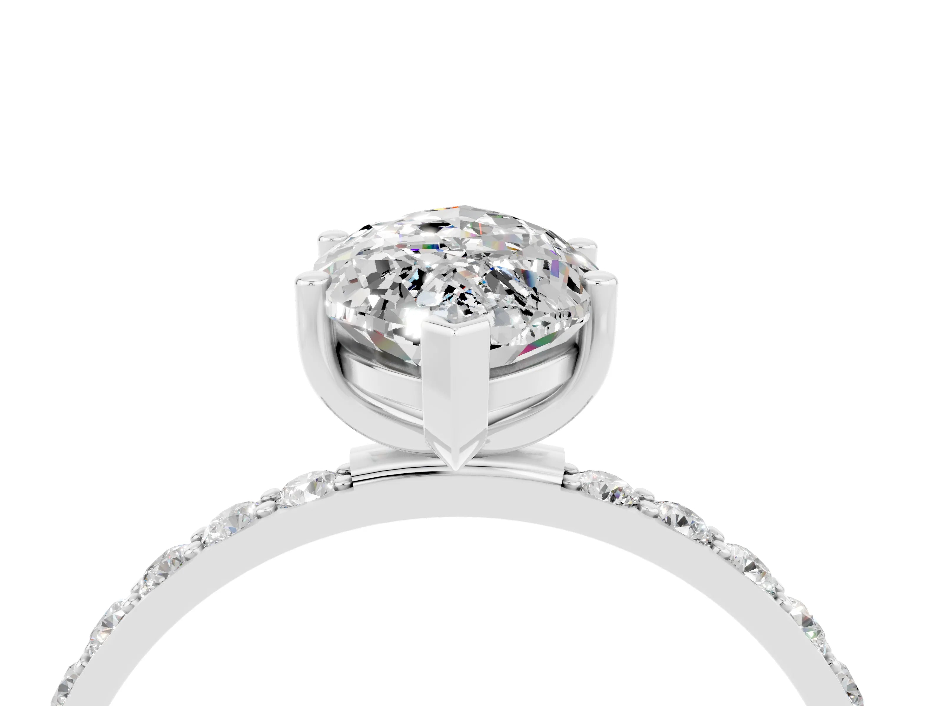 White gold Marquise Cut Moissanite Solitaire Ring with Pave Band and Four Prong Setting_16