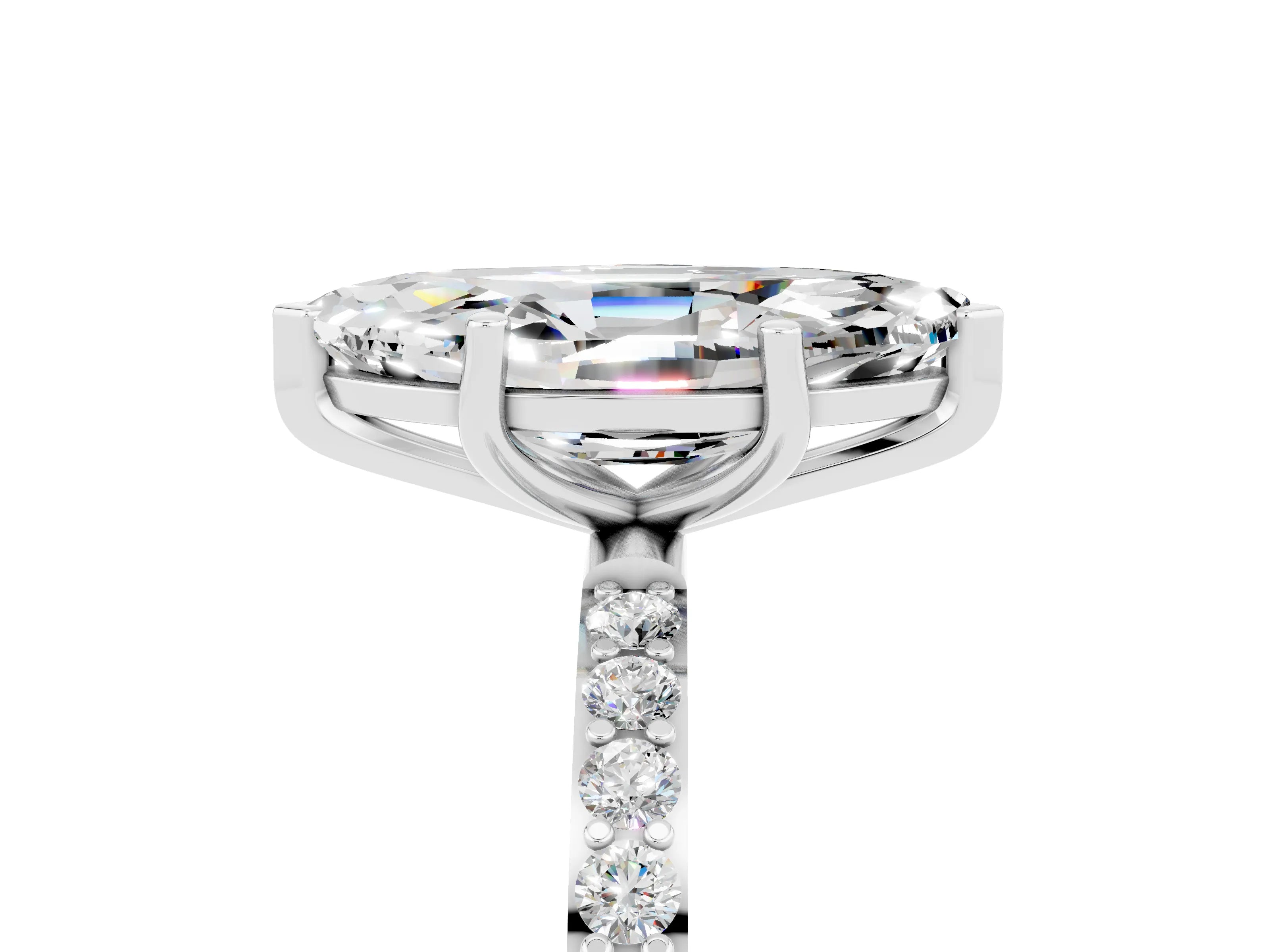 White gold Marquise Cut Moissanite Solitaire Ring with Pave Band and Four Prong Setting_17