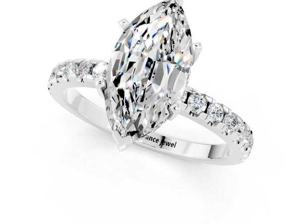 White gold Marquise Cut Moissanite Solitaire Ring with Round Pavé Band and Four-Prong Setting