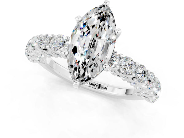 White gold Marquise Cut Moissanite Solitaire Ring with Shared Prong Pavé Band and Four-Prong Setting