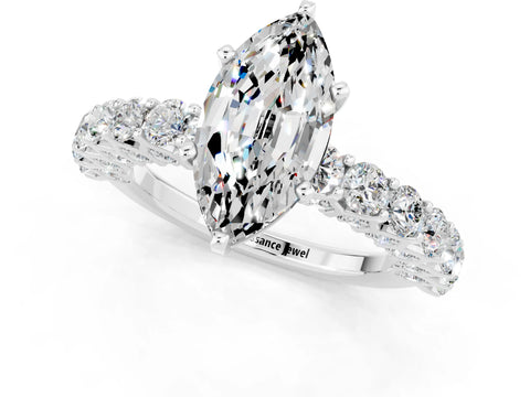 White gold Marquise Cut Moissanite Solitaire Ring with Shared Prong Pavé Band and Four-Prong Setting_1