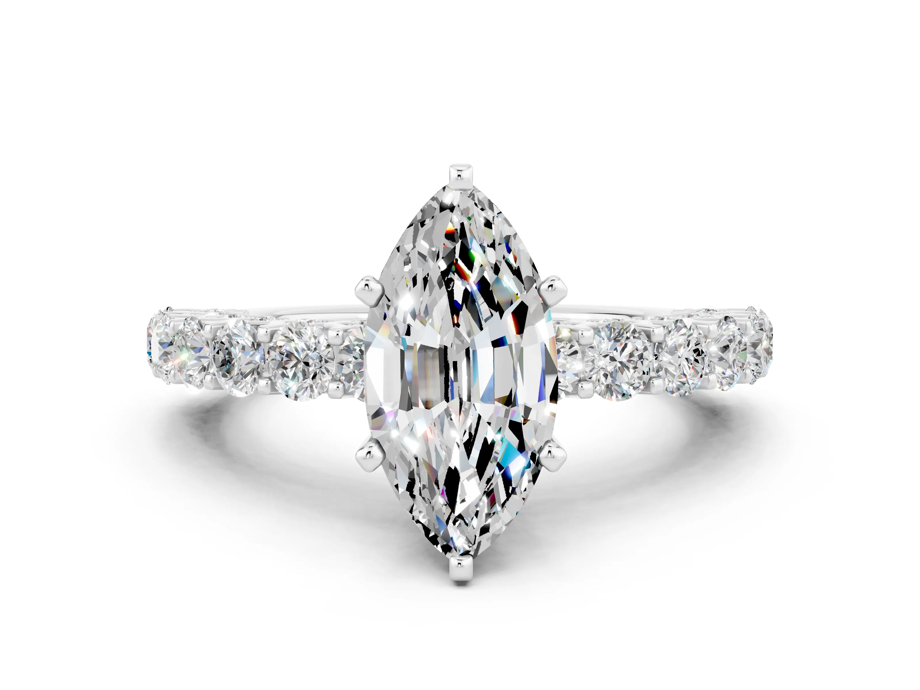 White gold Marquise Cut Moissanite Solitaire Ring with Shared Prong Pavé Band and Four-Prong Setting