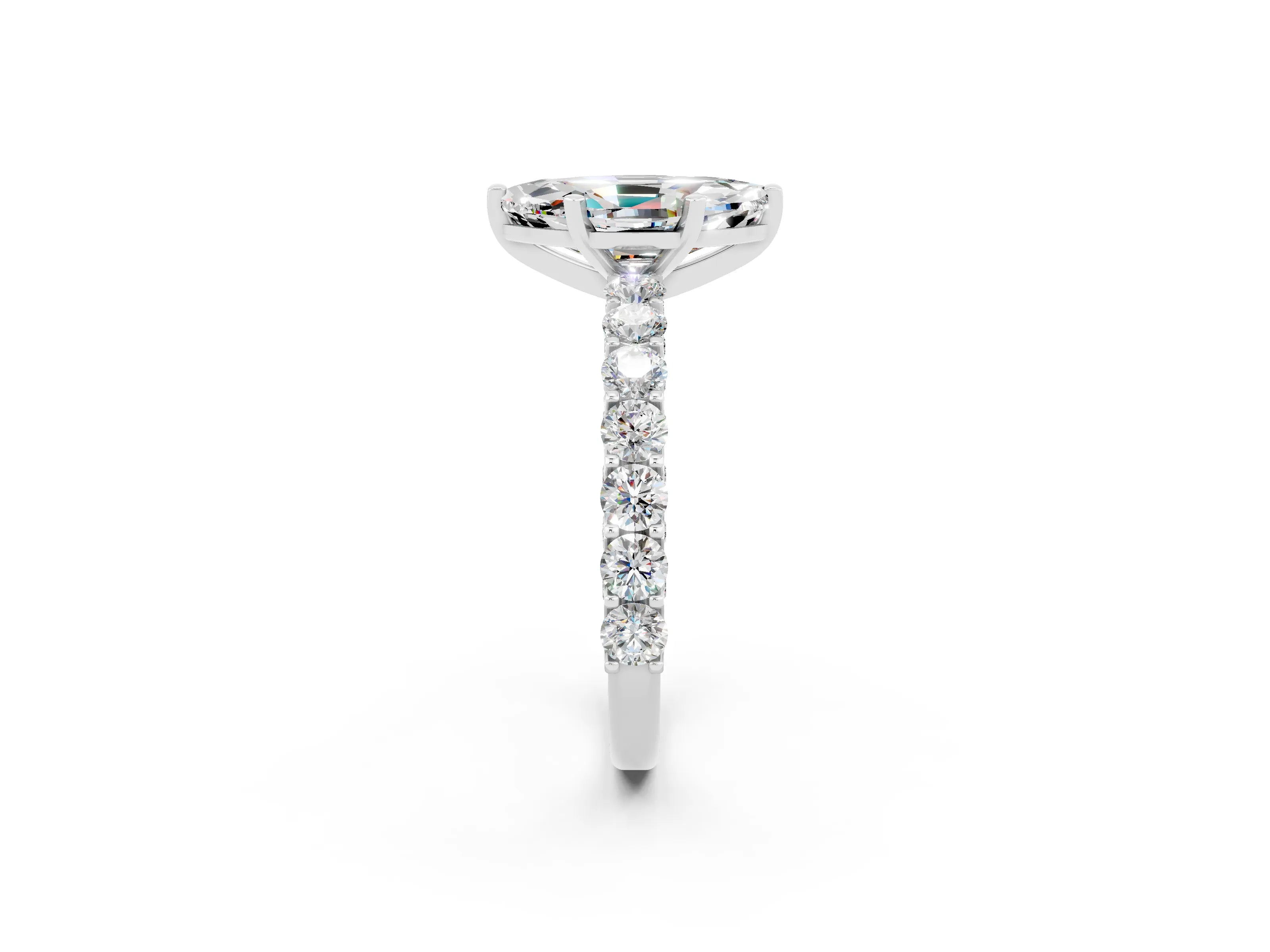 White gold Marquise Cut Moissanite Solitaire Ring with Shared Prong Pavé Band and Four-Prong Setting_2