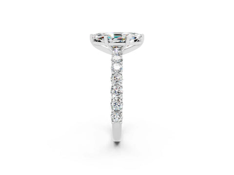 White gold Marquise Cut Moissanite Solitaire Ring with Shared Prong Pavé Band and Four-Prong Setting_2