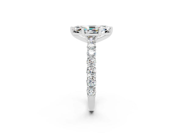 White gold Marquise Cut Moissanite Solitaire Ring with Shared Prong Pavé Band and Four-Prong Setting