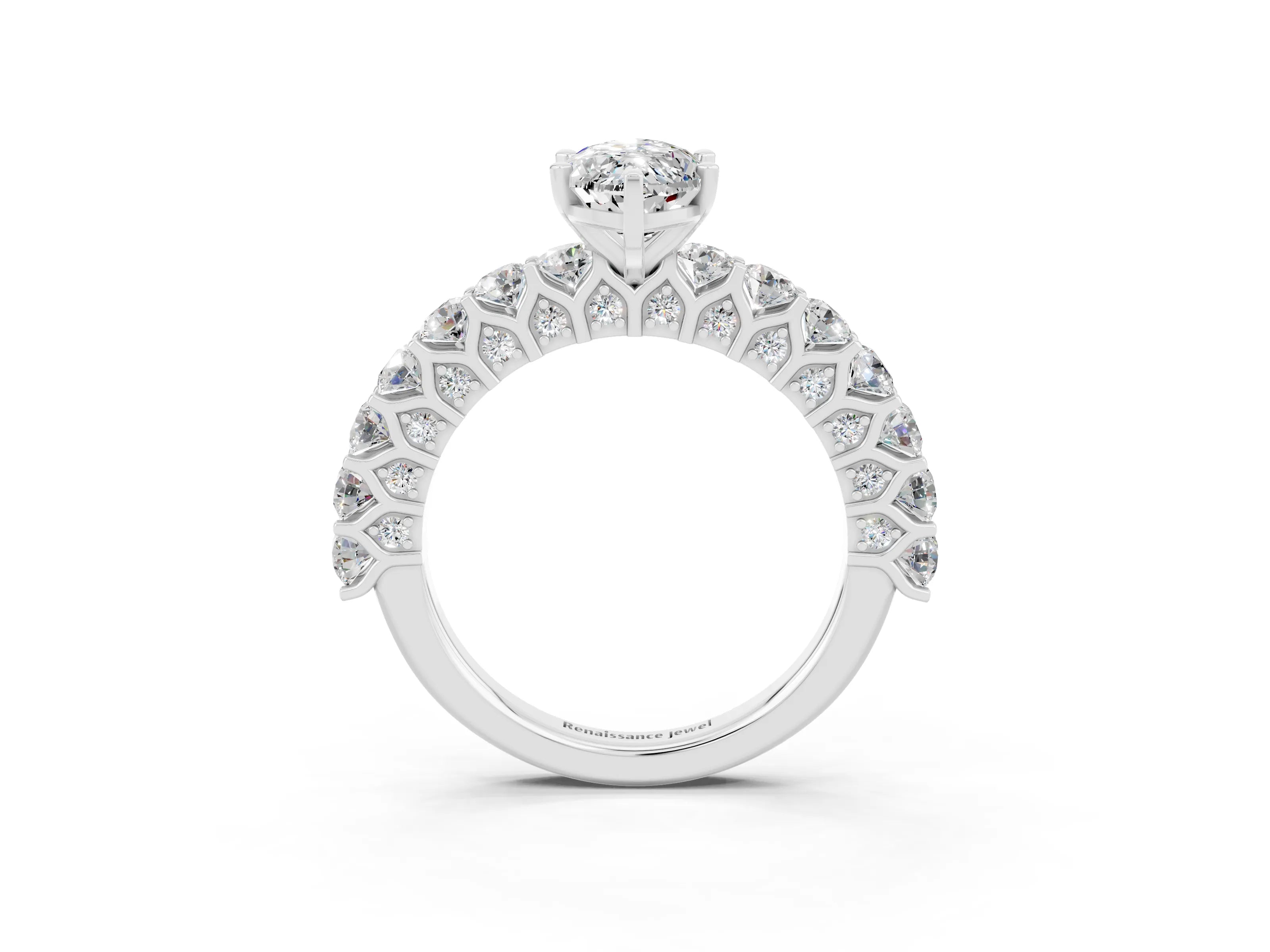 White gold Marquise Cut Moissanite Solitaire Ring with Shared Prong Pavé Band and Four-Prong Setting_3