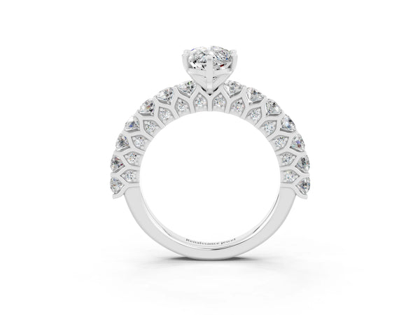 Platinum Marquise Cut Moissanite Solitaire Ring with Shared Prong Pavé Band and Four-Prong Setting