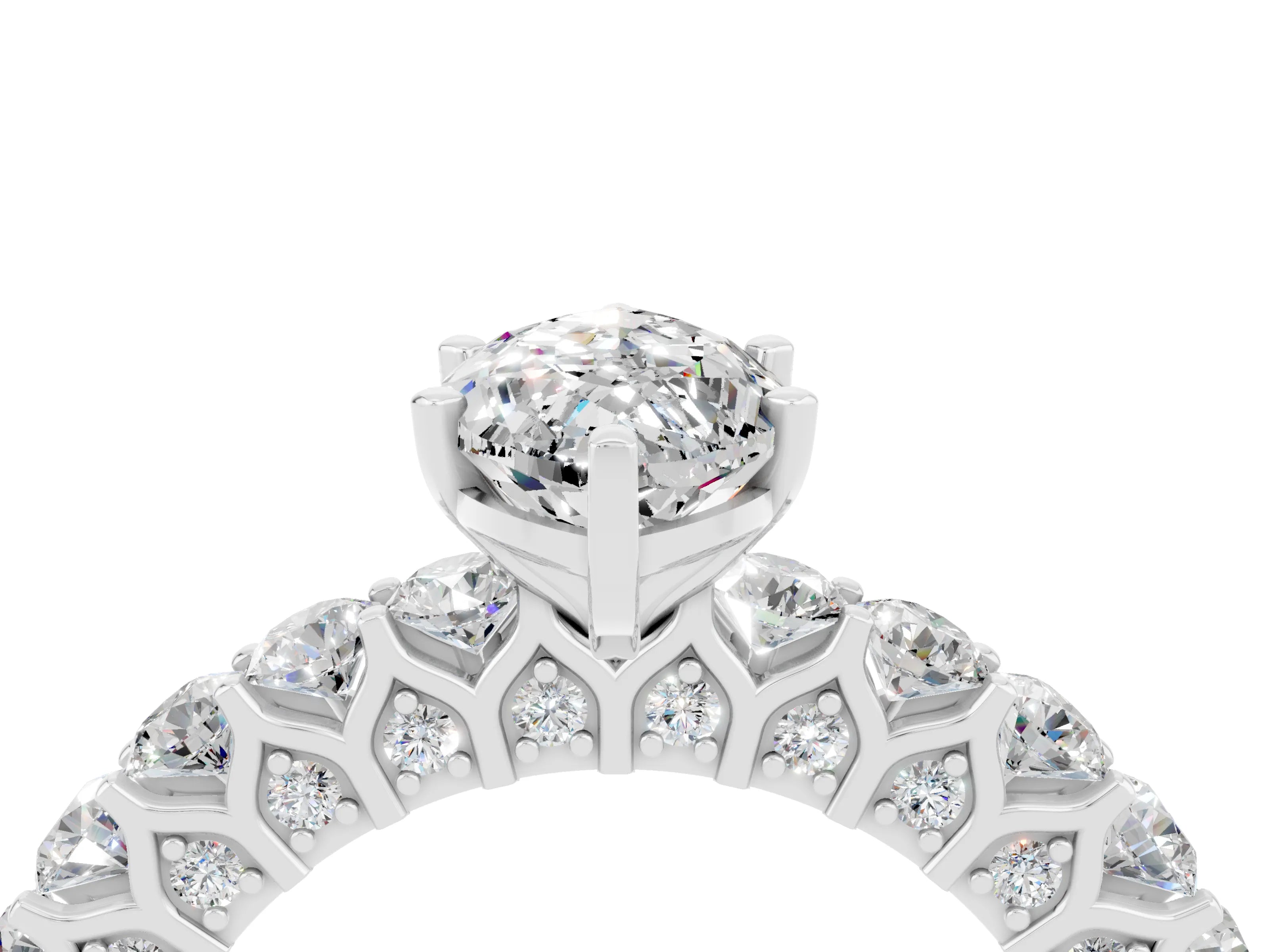 White gold Marquise Cut Moissanite Solitaire Ring with Shared Prong Pavé Band and Four-Prong Setting_4