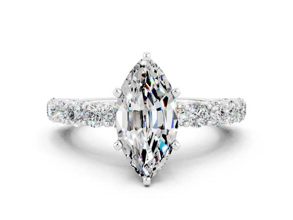 Silver Marquise Cut Moissanite Solitaire Ring with Shared Prong Pavé Band and Four-Prong Setting