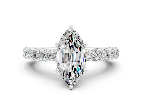 White gold Marquise Cut Moissanite Solitaire Ring with Shared Prong Pavé Band and Four-Prong Setting